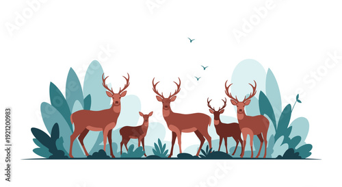 A herd of majestic deer with large antlers, including does and fawns, standing together in a stylized forest environment.