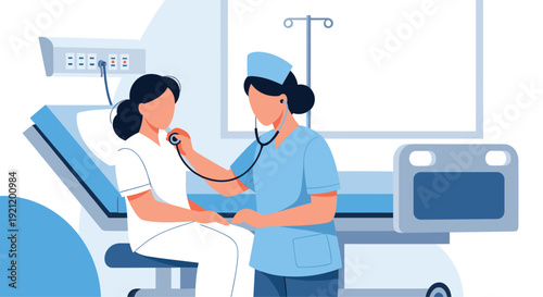 Female nurse using a stethoscope to check a patient's heartbeat in a hospital room with medical monitoring equipment.