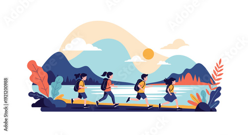 Four happy children with backpacks running and hiking together along a trail by a lake with mountains in the background.