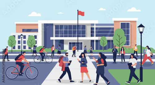 Busy university or college campus scene with diverse students walking, talking, and cycling in front of a modern school building.