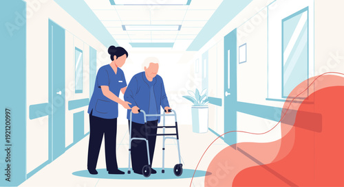Caring female nurse or caregiver assisting an elderly woman with a walker in a brightly lit hospital or nursing home hallway.