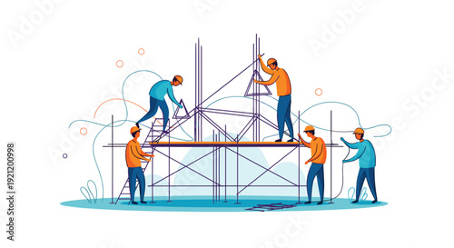 Team of construction workers collaborating on scaffolding to assemble the metal frame of a new building on a construction site.