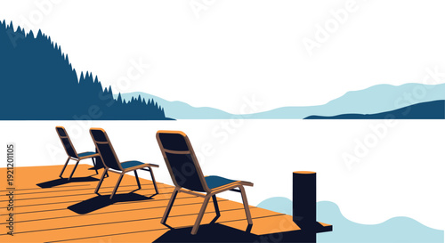Three empty chairs sit on a quiet wooden pier overlooking a serene lake and distant mountains, creating a peaceful scene for relaxation.