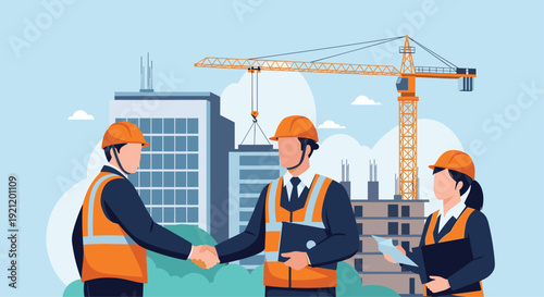 Construction engineers and an architect in safety gear shake hands on a building site, finalizing a successful project agreement.