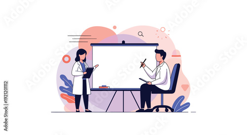 Two medical professionals in lab coats collaborate, with one doctor pointing to a blank whiteboard for a presentation or diagnosis.