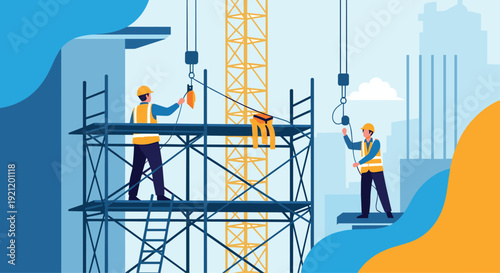 Two construction workers in safety vests and hard hats work diligently on scaffolding at a high-rise building development site.