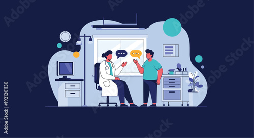 Female doctor in a clinic consults with a male patient, providing medical advice and diagnosis during a friendly office appointment.