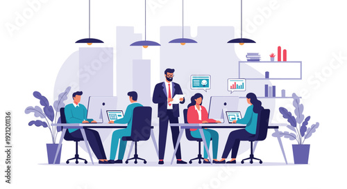 A male manager in a modern office supervises a diverse team of employees working on laptops, fostering a collaborative environment.