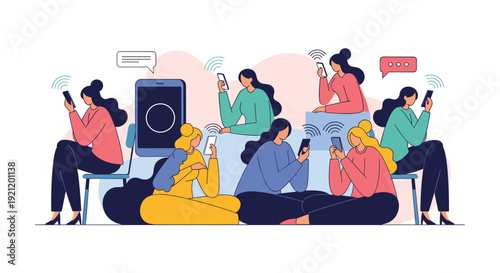 A group of women sitting together are individually engrossed in their smartphones, illustrating social media addiction and isolation.