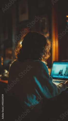 young woman watching old family videos on laptop at night