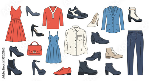 A large collection of stylish men's and women's fashion items, including various clothes, shoes, boots, and other accessories.