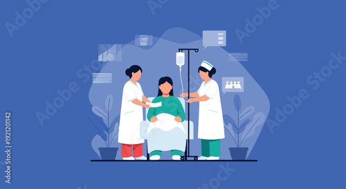 Two dedicated nurses provide compassionate care to a female patient who is sitting and receiving an IV drip treatment in a hospital.