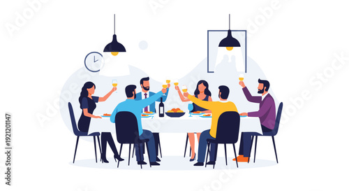 A group of happy friends or colleagues enjoy a dinner party, sitting around a table and raising their wine glasses for a toast.