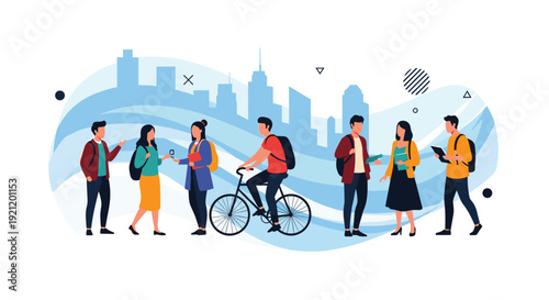Group of diverse university or college students with backpacks and books walking and cycling in front of a modern city skyline.