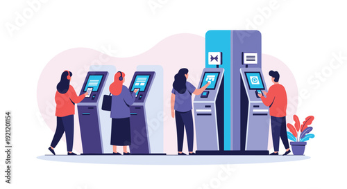People using modern self-service interactive kiosks for banking, purchasing tickets, or getting information in a public terminal.