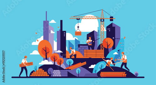 Vibrant and busy construction site with workers building new skyscrapers in a modern city with a crane lifting materials overhead.