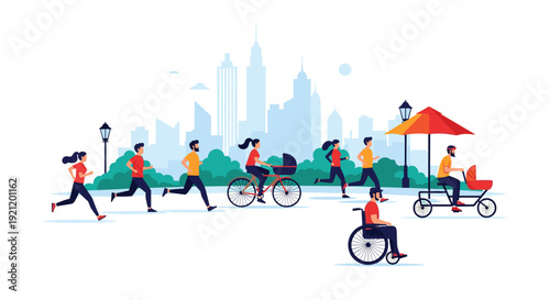 Diverse group of people enjoying a sunny day in a city park with jogging, cycling, and relaxing with a city skyline behind them.