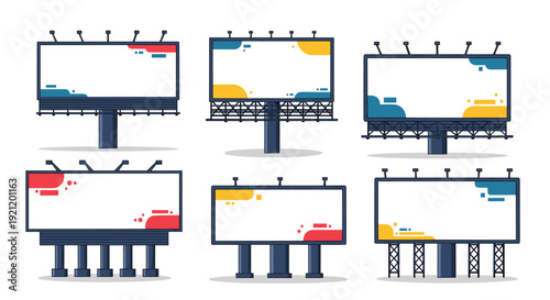 Set of six large blank outdoor billboards with colorful design elements, providing empty ad space for marketing campaigns and promotion.