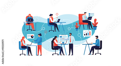 A conceptual illustration of a hybrid work model with employees collaborating seamlessly from the office and remote locations.