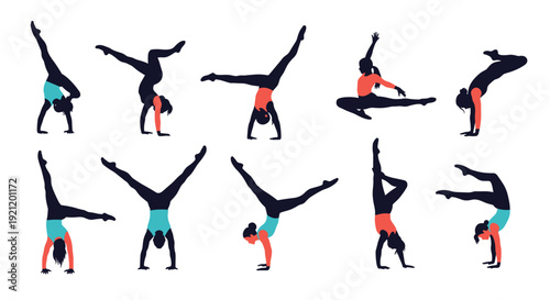 Collection of dynamic silhouettes of a female gymnast performing various acrobatic exercises, including handstands and splits.