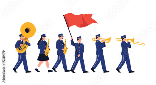 A military or school marching band with five musicians in uniform playing brass instruments and carrying a flag during a parade.
