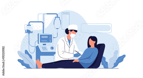 A medical professional administers treatment to a female patient using a dialysis machine in a modern hospital or clinic setting.