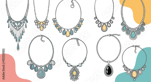 A beautiful hand-drawn collection of nine elegant and luxurious necklaces with various precious gemstones and intricate designs.