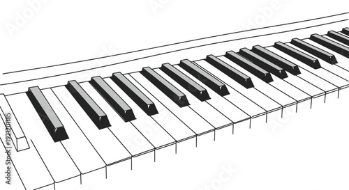 A close-up, angled perspective sketch of a piano keyboard, highlighting the black and white keys of the classic musical instrument.