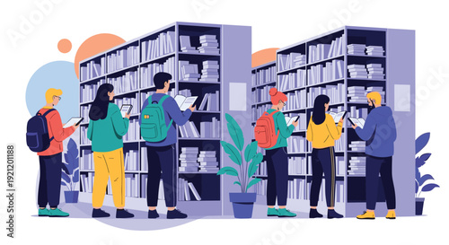 Young male and female students are standing between bookshelves, reading and choosing books in a large, modern library or bookstore.