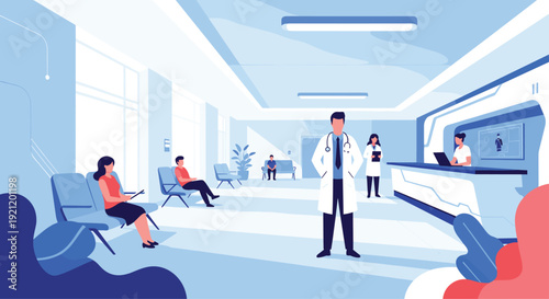 A modern hospital lobby or clinic waiting room with patients sitting, and doctors and nurses standing near the reception desk.