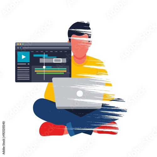 Man editing video on laptop with timeline interface