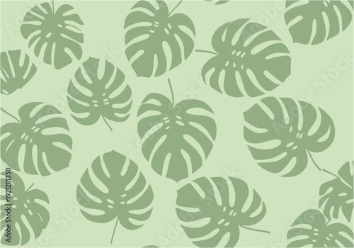 A vibrant, tropical seamless pattern featuring stylized Monstera Deliciosa leaves in shades of green, perfect for backgrounds and textile design.