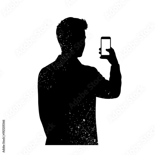 Man silhouette taking selfie with smartphone, grunge texture