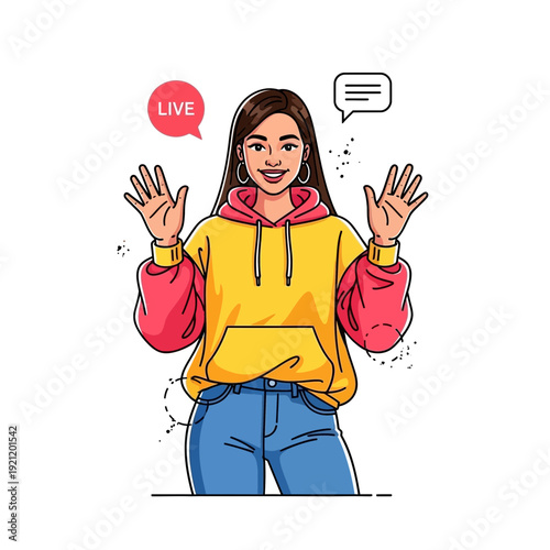 Woman live streaming, waving hello with chat bubble and live icon