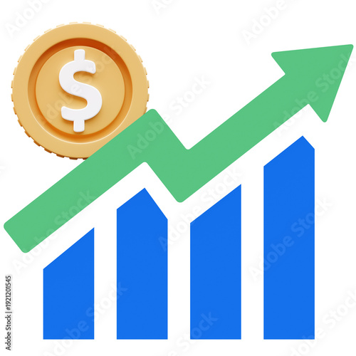 Coin rises with a bar chart showing financial growth, indicating success and investment returns, 3D Illustration, Transparent background.