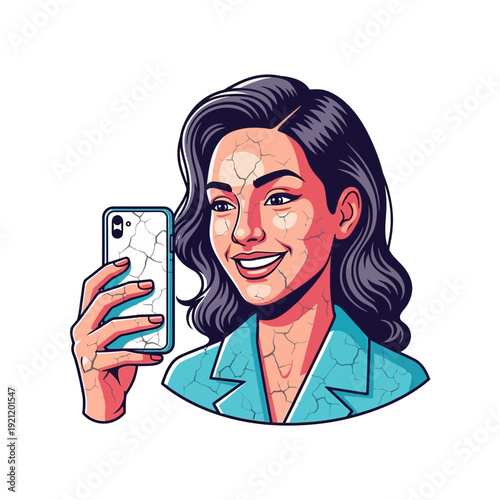Woman taking selfie with smartphone, retro illustration style