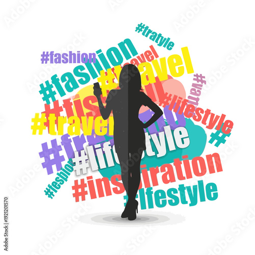 Woman with smartphone and social media tags