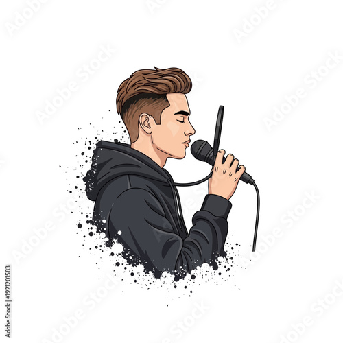 Young man singing into microphone, artistic splatter effect