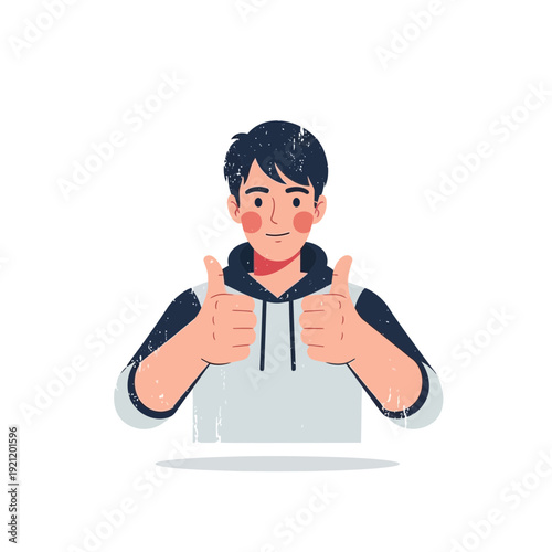 Young man with dark hair gives thumbs up gesture, approval, positive feedback, vector illustration