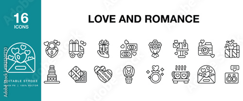 Love And Romance icon set. Includes love, romance, romantic, couple, heart and More. Editable Stroke Icon Collection.