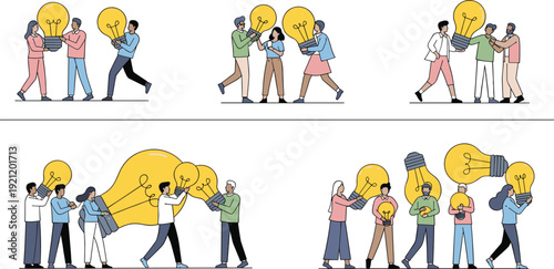 Flat vector illustration set of diverse business people characters collaborating together holding large light bulbs representing creative teamwork brainstorming innovation and successful startup ideas