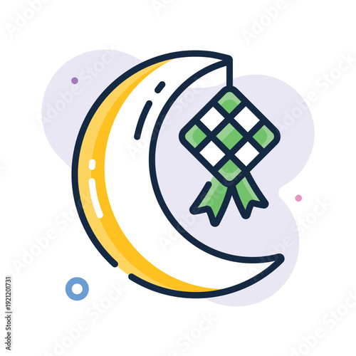 Outline icon of a crescent moon with a hanging ketupat for Ramadan.