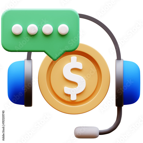 Headset with dollar coin and speech bubble, representing financial customer support, 3D Illustration, Transparent background.