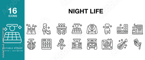 Night Life icon set. Includes nightlife, night, party, club, bar, music and More. Editable Stroke Icon Collection.