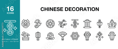 Chinese Decoration icon set. Includes chinese, decoration, lantern, red, festival and More. Editable Stroke Icon Collection.