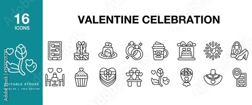 Valentine Celebration icon set. Includes valentine, celebration, love, romance, heart and More. Editable Stroke Icon Collection.