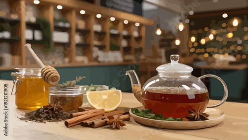 Herbal tea cafe advertising set with glass teapot honey lemon and spices on wooden table in cozy cafe interior with shelves of jars