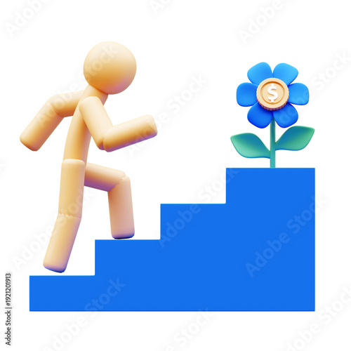 Stick figure climbs steps toward a flower with a dollar sign in the center, representing financial growth, 3D Illustration, Transparent background.