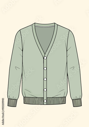 Sage Green V-Neck Cardigan Sweater Technical Flat Fashion Template Vector
