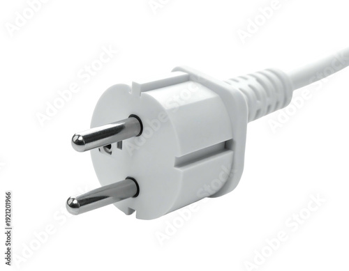 Close-up of a white electrical plug isolated on a white background.